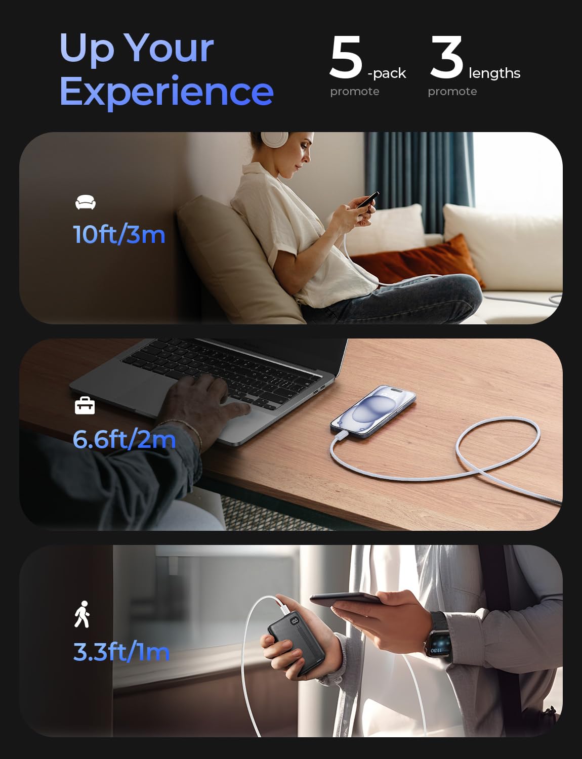 LISEN USB C Cable, 5-Pack [3.3/3.3/6.6/6.6/10FT] for iPhone 17 Charger Cord, 60W USB C to USB C Fast Charging Cable for iPhone 17 Air 16 15 Pro Max, Samsung Z Flip 7/S25/S24, Switch 2, iPad, MacBook