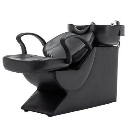 KEIKI Shampoo Bowl and Chair Set for Salon, Hair Washing Station with ABS Sink & PU Leather Chair, Ergonomic Chair with Neck Rest, Side Storage, Hot/Cold Faucet & Sprayer for Spa, Black