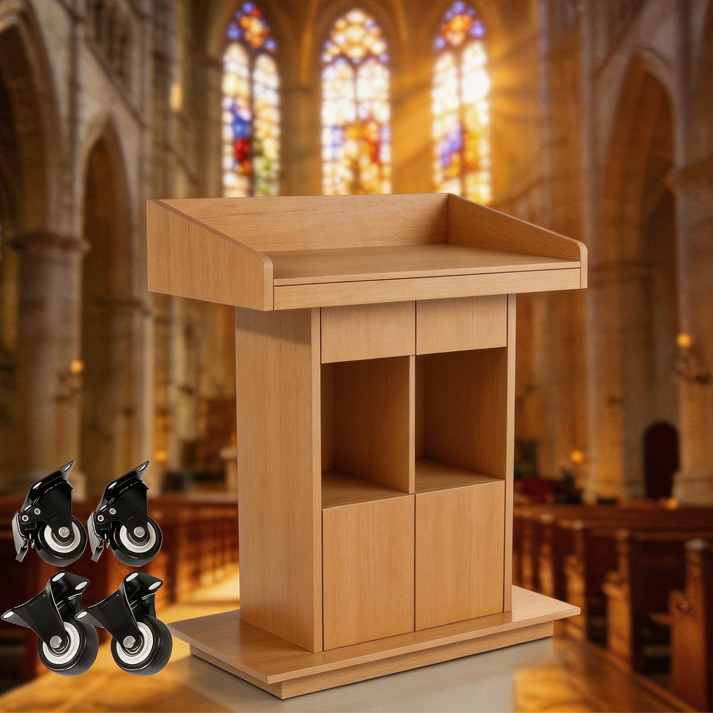 Portable Podium Stand with Lockable Wheels - Mobile Lectern for Church, Office, School, Conference & Restaurant - Includes Storage Compartment - Natural Finish
