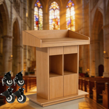 Portable Podium Stand with Lockable Wheels - Mobile Lectern for Church, Office, School, Conference & Restaurant - Includes Storage Compartment - Natural Finish