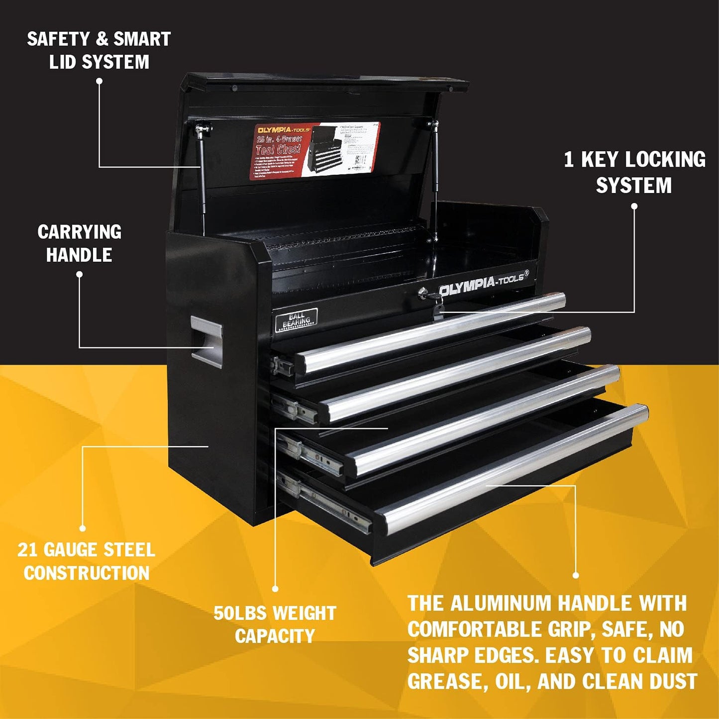 Olympia Tools 26-Inch 4-Drawer Portable Tool Chest, Metal Storage Organizer Box, Black - Work Toolbox for Home Garage and Workshop with Locking Lid and Ball Bearing Slides