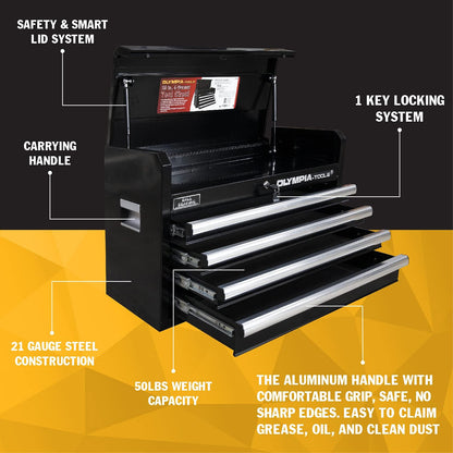 Olympia Tools 26-Inch 4-Drawer Portable Tool Chest, Metal Storage Organizer Box, Black - Work Toolbox for Home Garage and Workshop with Locking Lid and Ball Bearing Slides
