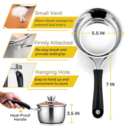 E-far 1 Quart Saucepan with Lid, Stainless Steel Small Sauce Pot with Glass Lid for Cooking, Easy Clean & Rust Free, Dishwasher Safe