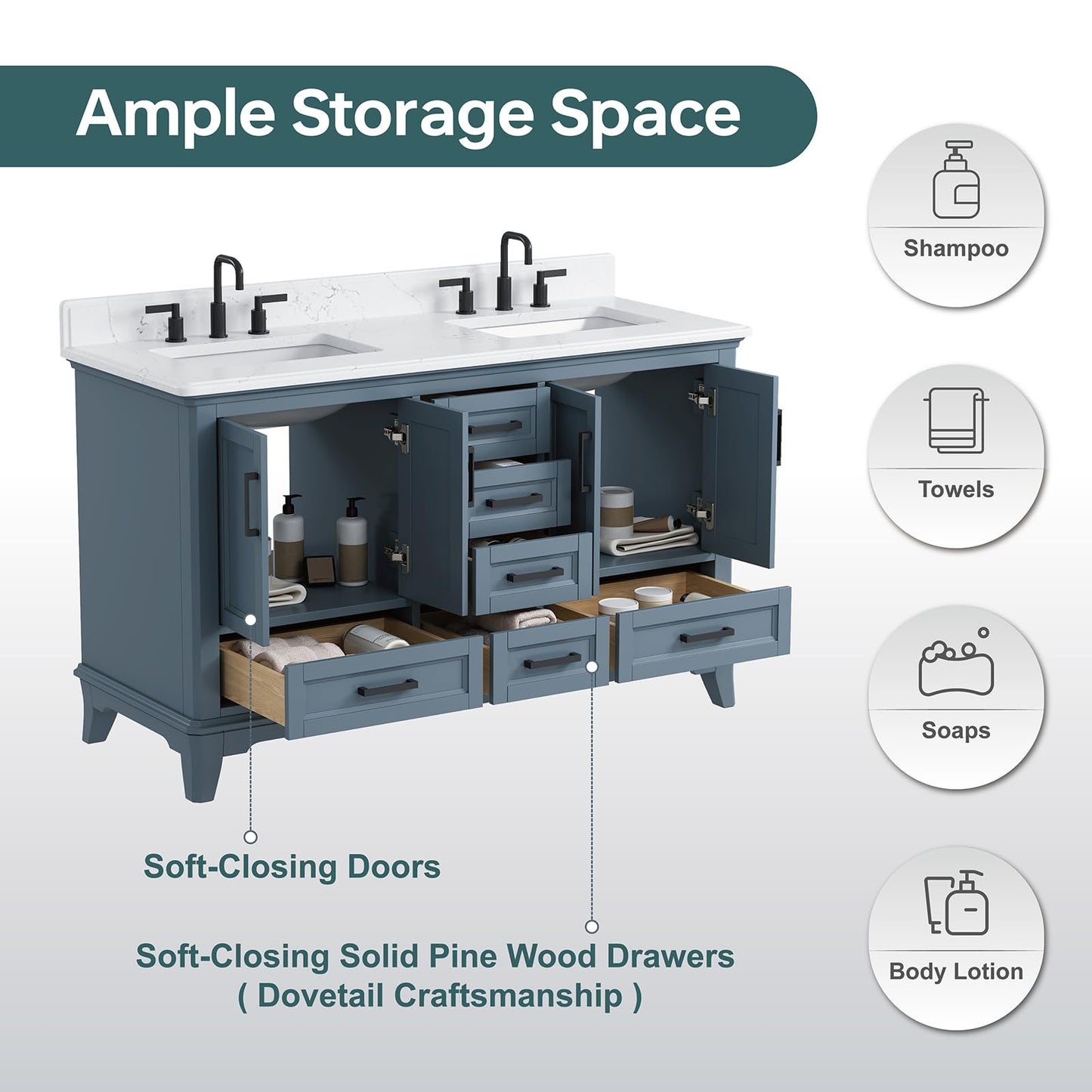 DELUXE LIVING 60 Inch Bathroom Vanity Double Sink, Fully Assembled Solid Wood Frame Double Sink Bathroom Vanity with Soft Closing Doors & Full Extension Dovetail Drawers, Quartz Top, Steel Blue
