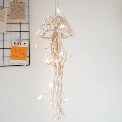 Macrame Wall Hanging,Jellyfish Dream Catcher with Star Lights,Bohemian Woven Wall Art Decor Beautiful Apartment Dorm Room Door Decoration (White)