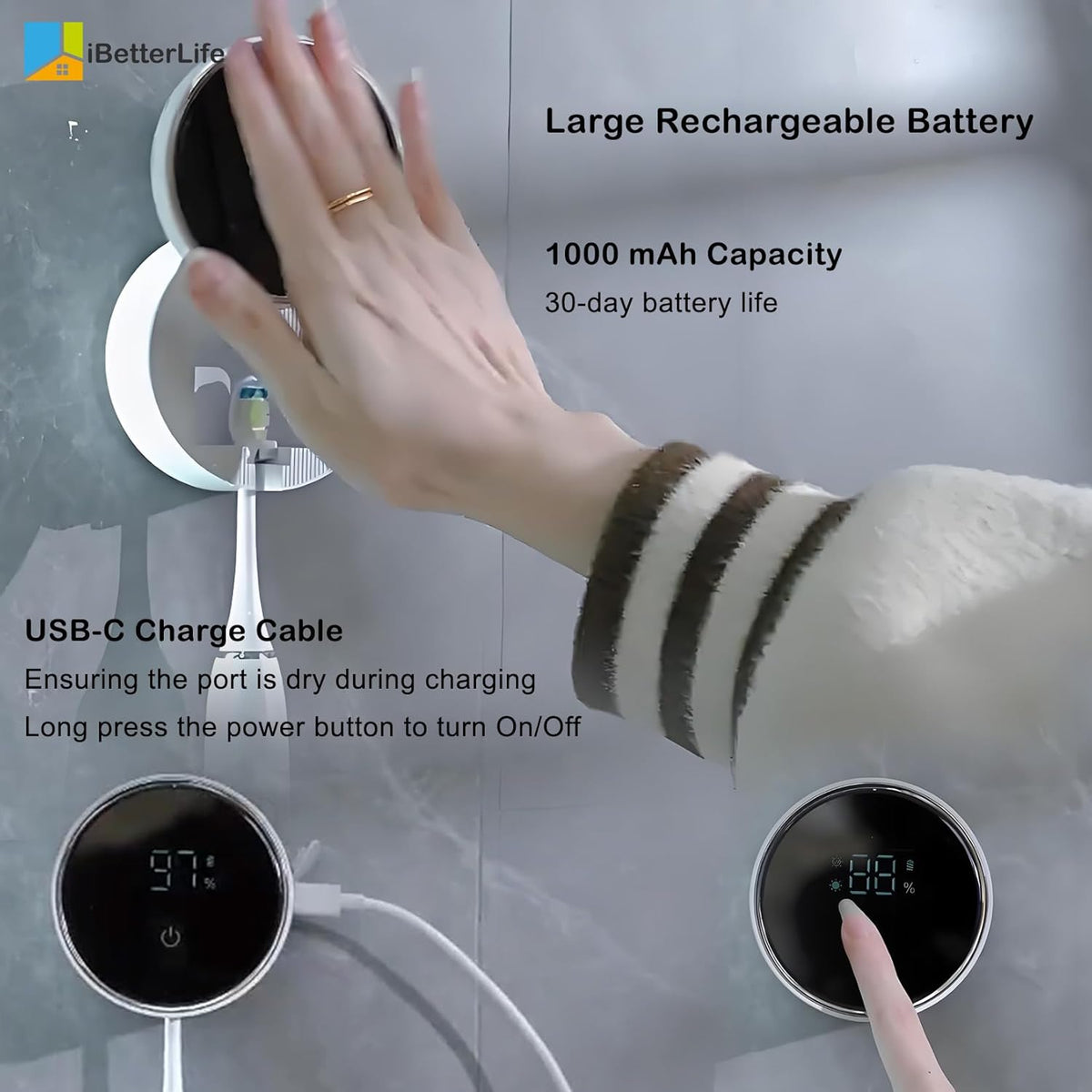 Toothbrush Holders Cleaner & Dryer for Bathroom - Mirror Wall Mounted [Rechargeable, Auto Sensor Open/Close Lid, LED
