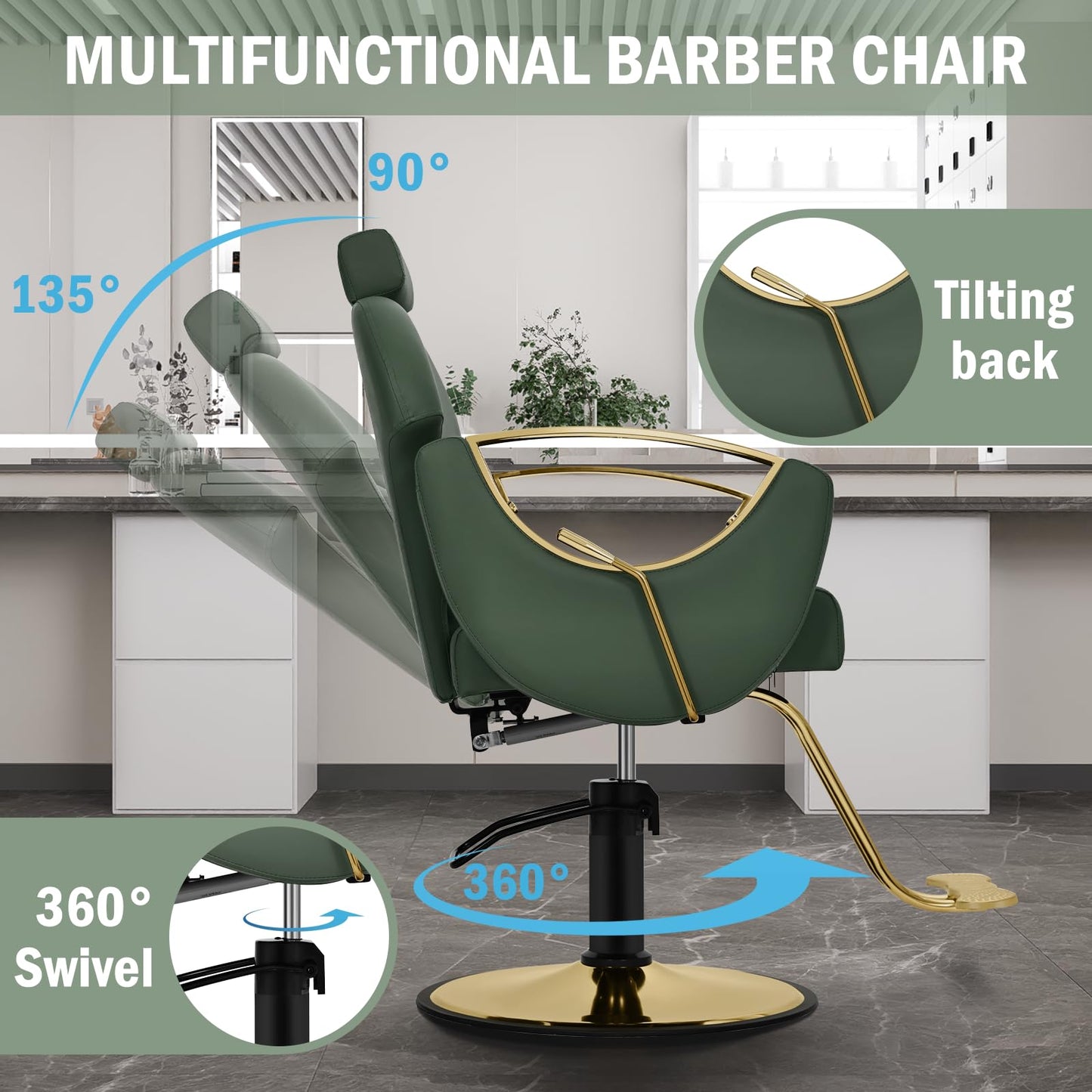 Tythical Salon Chair for Hair Stylist, 360° Swivel Reclining Barber Hair Styling Chair, Height Adjustable Spa Beauty Equipment for Home Barbershop, Green Gold