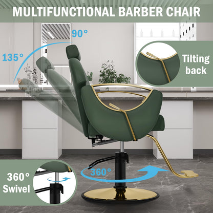 Tythical Salon Chair for Hair Stylist, 360° Swivel Reclining Barber Hair Styling Chair, Height Adjustable Spa Beauty Equipment for Home Barbershop, Green Gold