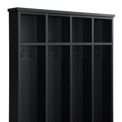 WZONICE98 76.7" Hall Tree with 8 Hooks, Farmhouse Entryway Bench with Shoe Storage Compartments, 3-in-1 Coat and Shoe Rack for Mudroom, Living Room, Black
