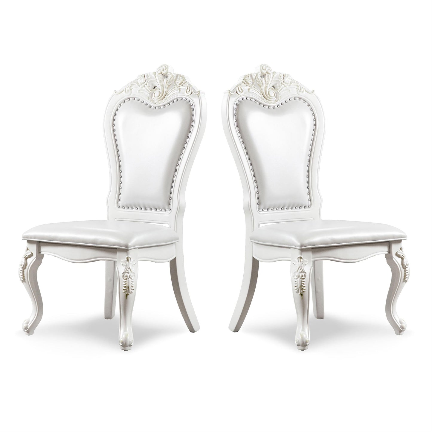 Furniture of America Adair Traditional Solid Wood Side Chairs Set of 2, Leatherette Upholstered Seating with Nailhead Trim and Cabriole Legs for Kitchen, Dining Room, White
