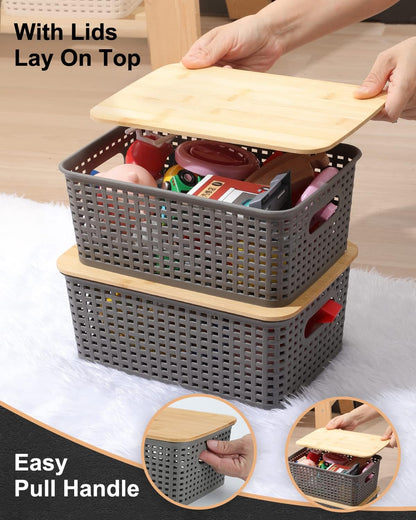 Storage Bins with Bamboo Lids - Set of 6 Lidded Plastic Baskets for Organizing Kitchen, Bedroom, Office, Closet