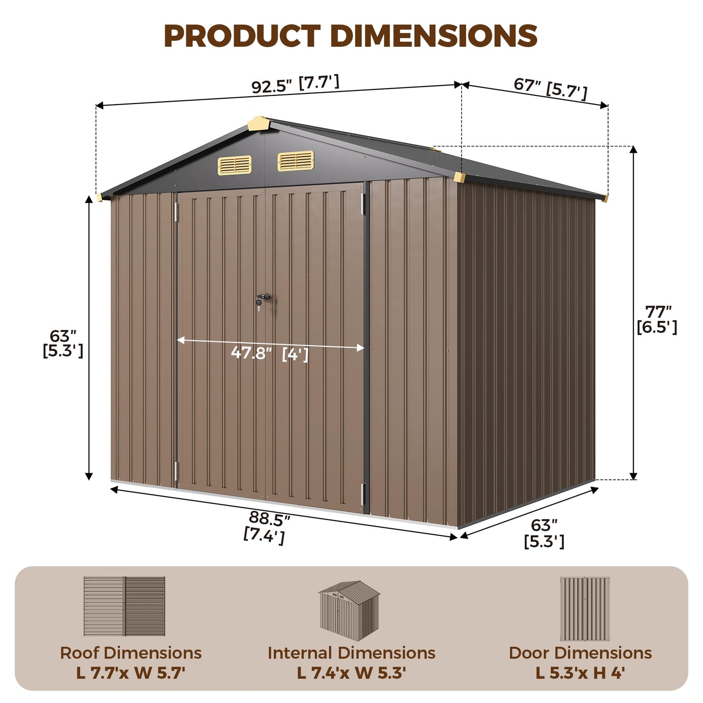 IRONCK 6×8 FT Shed, Galvanized Steel Tool Storage Shed with Lockable Double Doors & Ventilation, Outdoor Utility Storage for Wheelbarrow, Bikes, Yard Bins, Black Brown
