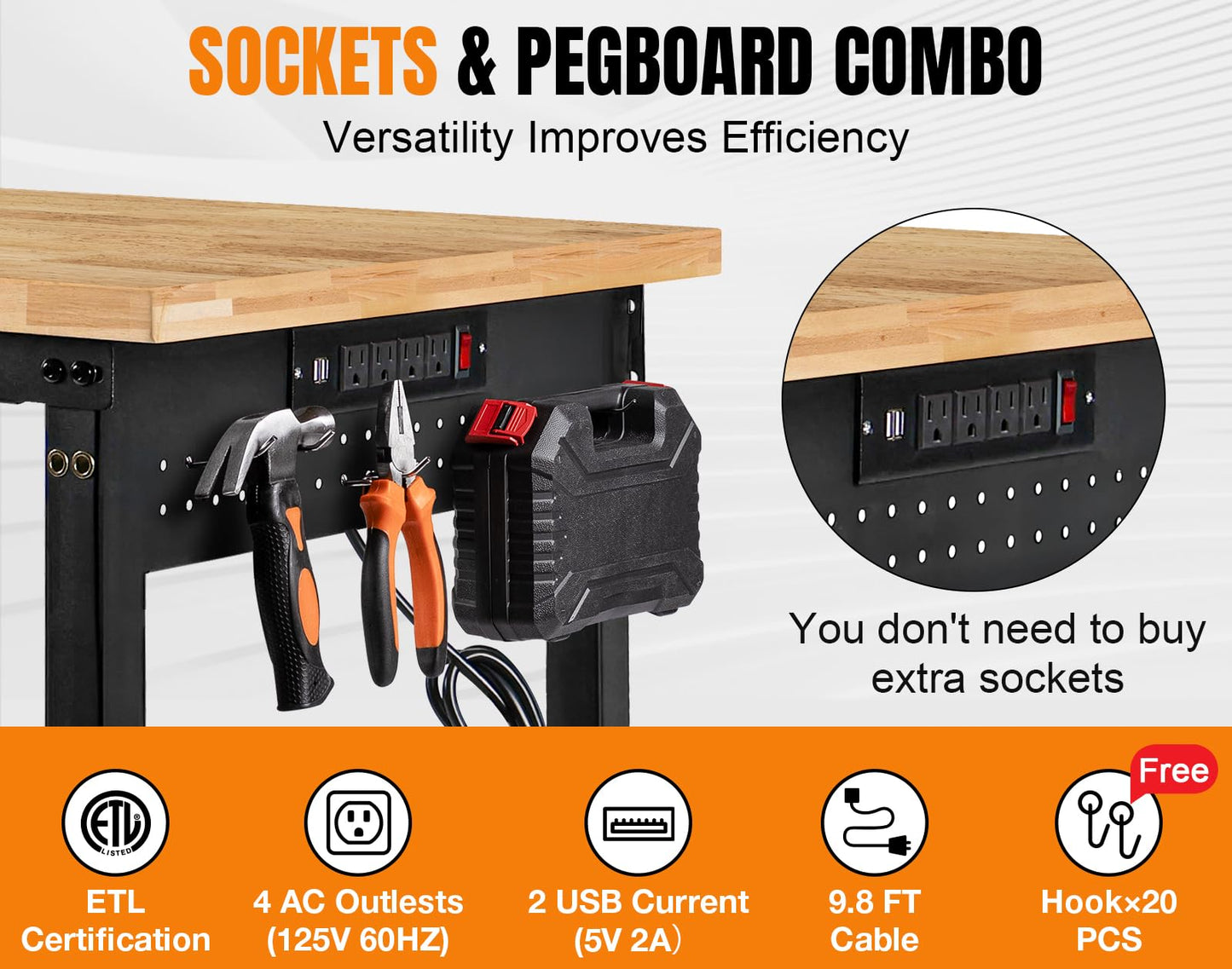 MUWOOD 96”Adjustable Work Bench, 5000 LBS Capacity Heavy Duty Workbench with Power Outlet & Pegboard, Rubber Wood Work Table for Garage, Workshop, Office, Home