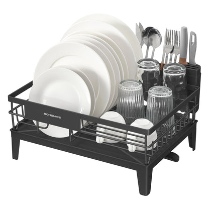 SONGMICS Dish Drying Rack, Kitchen Dish Rack with Drainboard, 360° Rotatable and Extendable Spout, with Cutlery Holder, 12.2 x 16.5 x 7.3 Inches, Ink Black UKCS550B01