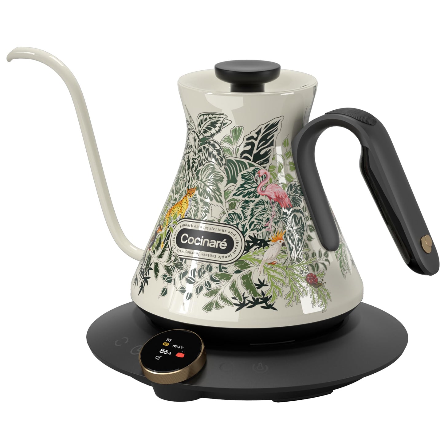 Cocinare Gooseneck Electric Kettle, ±0.5°F Precise Temperature Control, 1500W Fast Heating, Pour-Over Coffee & Tea, Stainless Steel, 0.6L (Color-changing Jungle Design)
