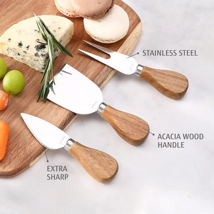 hecef Upgrade Bigger Cheese Board set of 4, a Acacia Wood Cheese Plate and 4 Pcs Knives, Charcuterie Platter Serving Tray for Appetizers, Feast, Housewarming, Cheese Serving