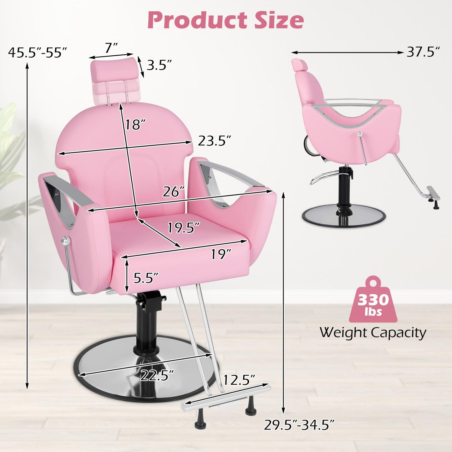 Giantex Reclining Barber Chair - Salon Chair for Hair Stylist, 360 Degrees Swivel, Adjustable Height & Headrest, Heavy Duty Hydraulic Pump, Hair Styling Chair for Makeup Facial Waxing Tattoo (Pink)