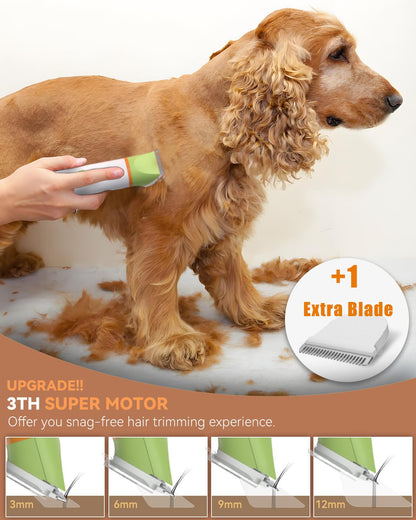 unibono Dog Grooming Kit with Paw Trimmer, All-in-One Low Noise Electric Rechargeable Small Quiet Pet Clippers Foot Dog Hair Shaver with Stainless Steel Scissors and Comb for Dogs at Home (Green)
