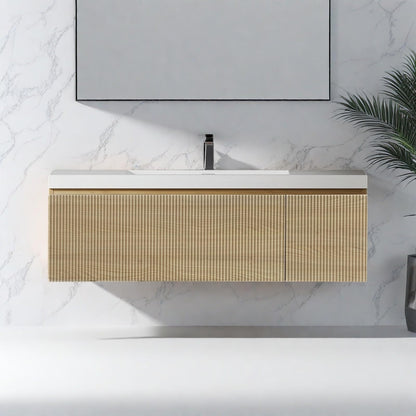 Trygoal Wall Mounted Bathroom Sink Vanity, Modern 48" Floating Vanity with Resin Basin, U-Shaped Soft-Close Storage Drawer & Side Door, Striped Bathroom Storage Cabinet with Invisible Handle, Wood