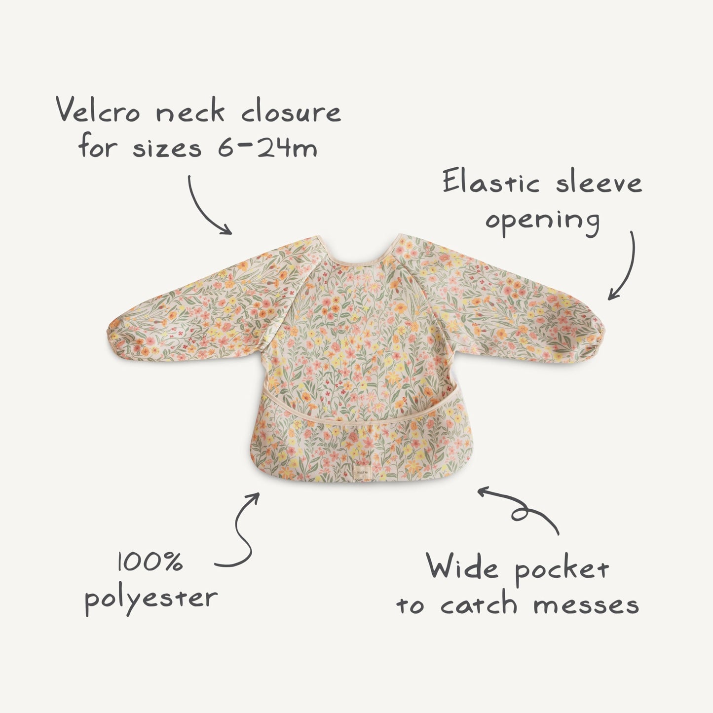 mushie Long Sleeve Baby Bib | Water Resistant Adjustable Fit for Ages 6-24 Months (Retro Flowers)