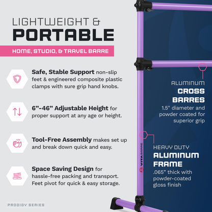 VITA Barre Portable Freestanding Double Ballet Barre, Prodigy, 4 Ft Bars, Purple, with Bag | Adjustable Height, USA Made, Home or Gym Exercise Equipment for Kids & Adults | Dance, Fitness, Pilates