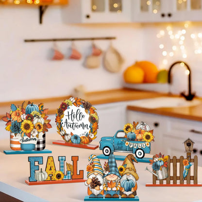 Wenqik 6 Pcs Hello Autumn Wooden Table Decorations Fall Wood Tabletop Sign Centerpiece Rustic Decorations for Office Desk Farmhouse Home Kitchen Tiered Tray Decor Shelves Table Decorative(Blue)