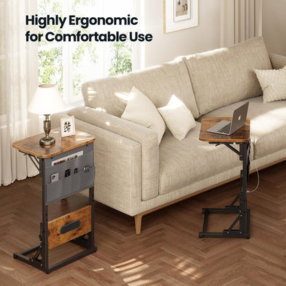 HLDIRECT C Shaped End Table with Charging Station, Couch Side Table with Storage Bag, Foldable TV Tray with 2 USB Ports and Outlets for Living Room, Bedroom, Rustic Brown