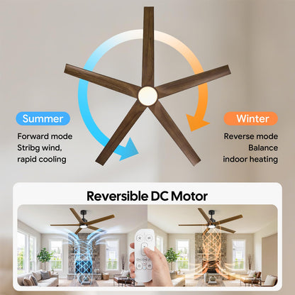 52 Inch Smart Outdoor Ceiling Fan with Light, Alexa/App/Remote Control, 5 Walnut Solid Wood Blades, Modern Farmhouse, Quiet Energy Efficient DC Motor, Damp Rated for Patio Porch Indoor Living Room