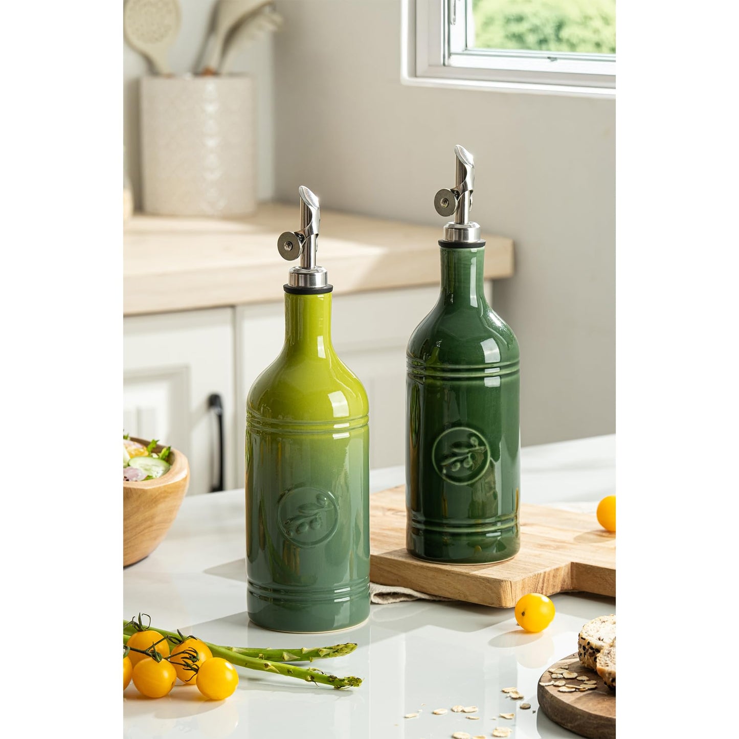 MIKIGEY Olive Oil Dispenser Bottle with Spout, 18 oz Ceramic Oil Dispensers for Kitchen, Opaque Cruet, EVOO & Vinegar Bottle with Automatic Stainless Steel Pourer, Pack of 1, Jade Green