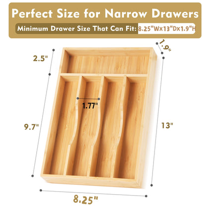 Bamboo Kitchen Drawer Organizer, 9 Inch Silverware Utensil Holder for Samll Drawer, Narrow Silverware Organizer for Cutlery Knives
