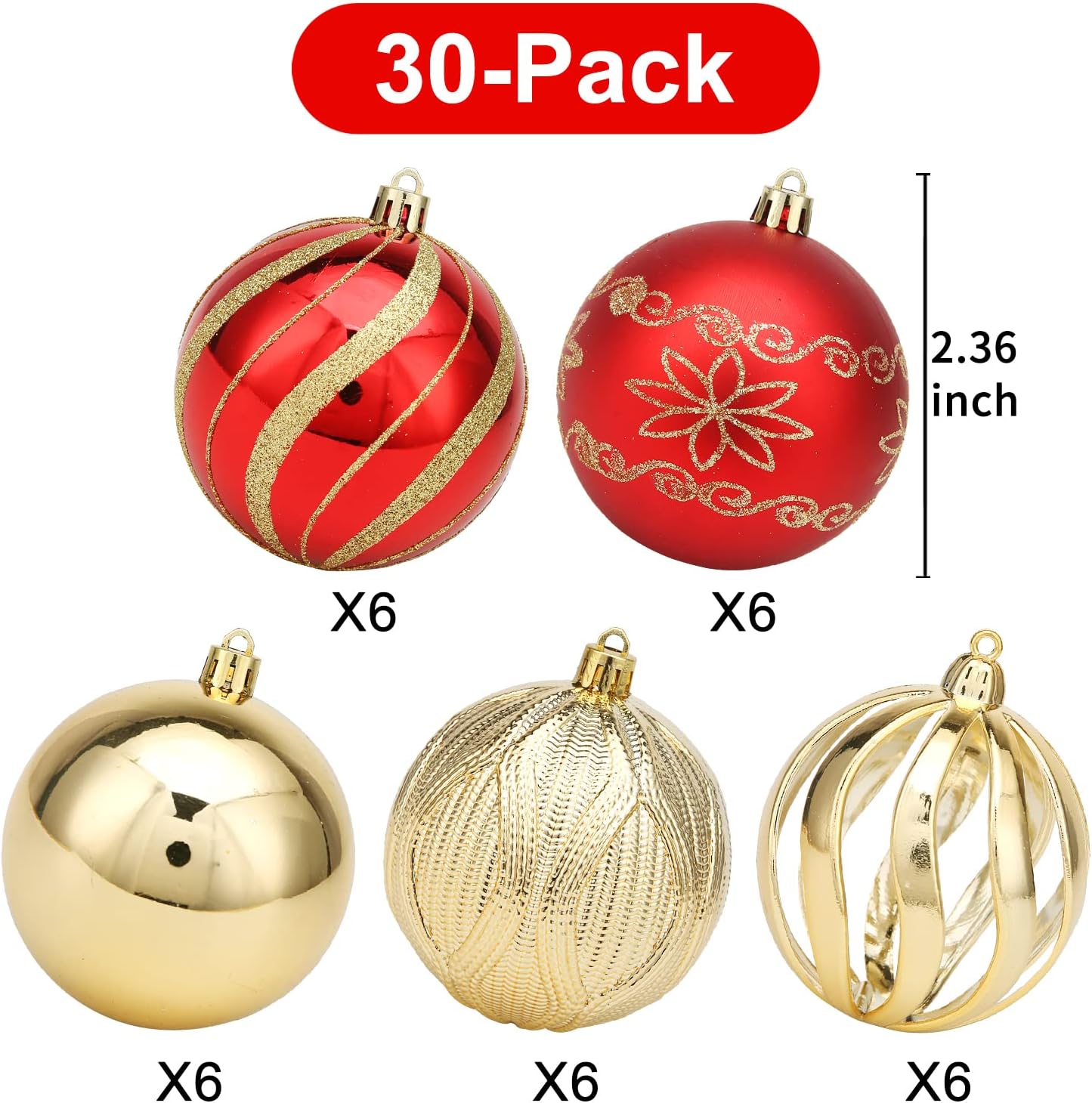 Christmas Ball Ornaments - 30 pcs 2.36" Shatterproof Baubles Set in Red and Gold for Xmas Tree Decorations