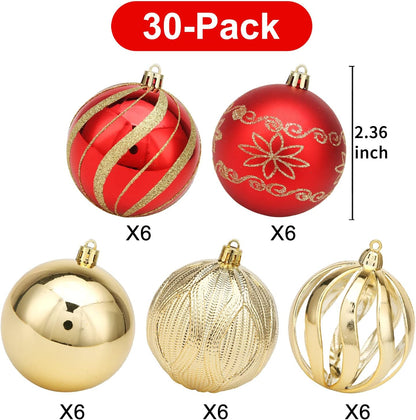 Christmas Ball Ornaments - 30 pcs 2.36" Shatterproof Baubles Set in Red and Gold for Xmas Tree Decorations