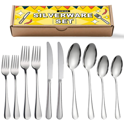eieioo Silverware Set, Stainless Steel Cutlery Set for 2, Flatware Set Service 10 Pcs, Cutlery Utensil Sets with Knives, Spoons and Forks Sets, Mirror Polished, Dishwasher Safe (Set of 2)