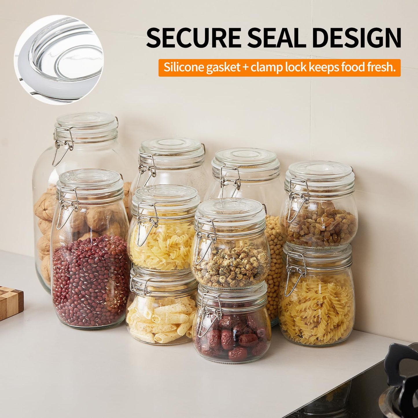 4 Pack 34oz Food Storage Jars with Airtight Lids, Preserving Seal Wire Clip Fastening Glass Containers, Canisters for Kitchen Organization, Flour, Cereal, Pasta, Sugar, Beans, Pickling Jars(34 Oz*4)