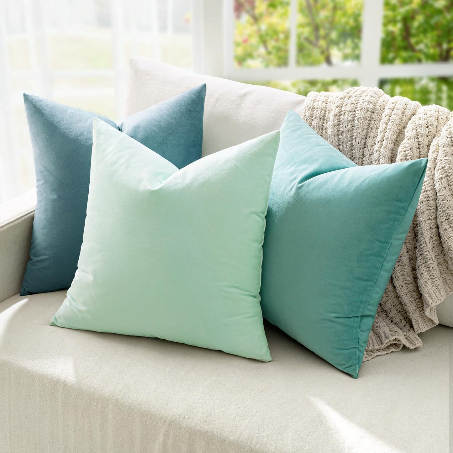 MIULEE Pack of 2 Velvet Soft Solid Decorative Square Throw Pillow Covers - 16x16 Inch Aqua Green