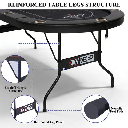 RAYKEEP 84" Poker Table for 10 Players, Foldable Texas Holdem Table with Padded Rails & 10 Cup Holders, Portable Casino Board Game Table for Game Room, Blackjack, Party (Black)