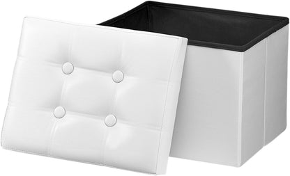17x13x13in,White Bsketa Folding Storage Ottoman, Foot Stool with Thicker Foam Padded Seat Small Leather Storage Ottoman