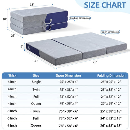 Lansteen Cooling Foldable Mattress, 6 Inch Memory Foam Mattress/Topper with Cold Breathable Effect, Trifold Mattress for Murphy Bed, Portable Folding Floor Bed for Guest, Camping, Travel, Yoga - Twin