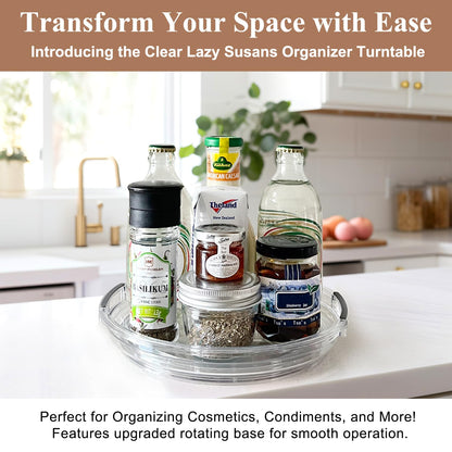 Clear Lazy Susan Organizer Turntable for Cabinet Table Top, 9.25 Inch 2 Pack 360 Rotating Spinning Makeup Organizer for Vanity, Kitchen Storage Rack Heavy-Duty Pantry Spices Tray Countertop Organizer