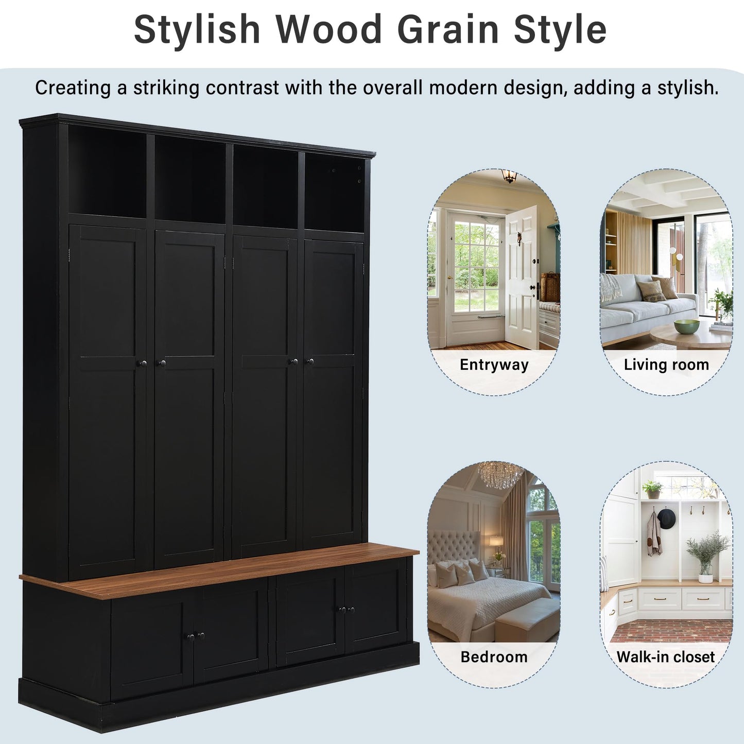 Shaical Hall Tree with Bench and Shoe Storage, 4-in-1 Entryway Bench with Coat Rack & Cabinets, Open Cubbies 4 Hooks, 76.7" H Wooden Storage Organizer for Hallway, Mudroom, Entrance, Black
