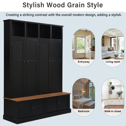 Shaical Hall Tree with Bench and Shoe Storage, 4-in-1 Entryway Bench with Coat Rack & Cabinets, Open Cubbies 4 Hooks, 76.7" H Wooden Storage Organizer for Hallway, Mudroom, Entrance, Black