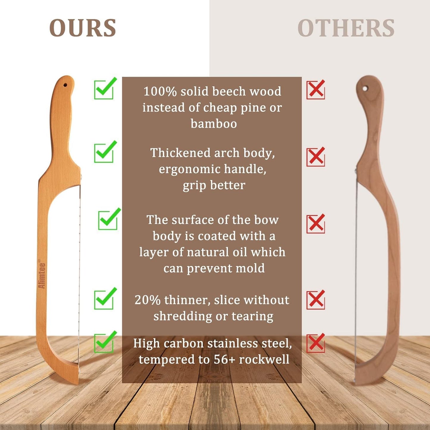 16" Wooden Serrated Bread Knife for Homemade Bread, Fiddle Bow Design Sourdough Cutter, Premium Stainless Steel Gift