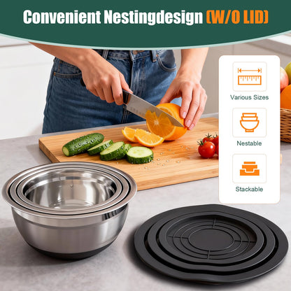 Stainless Steel Mixing Bowls Set with Lids & Silicone Base - 7-Piece Kitchen Gadgets Includes Colander, Grater, Egg Separator, Whisk - Nesting Bowls (1.5, 2, 2.5, 4.5 QT), Dishwasher Safe, Black