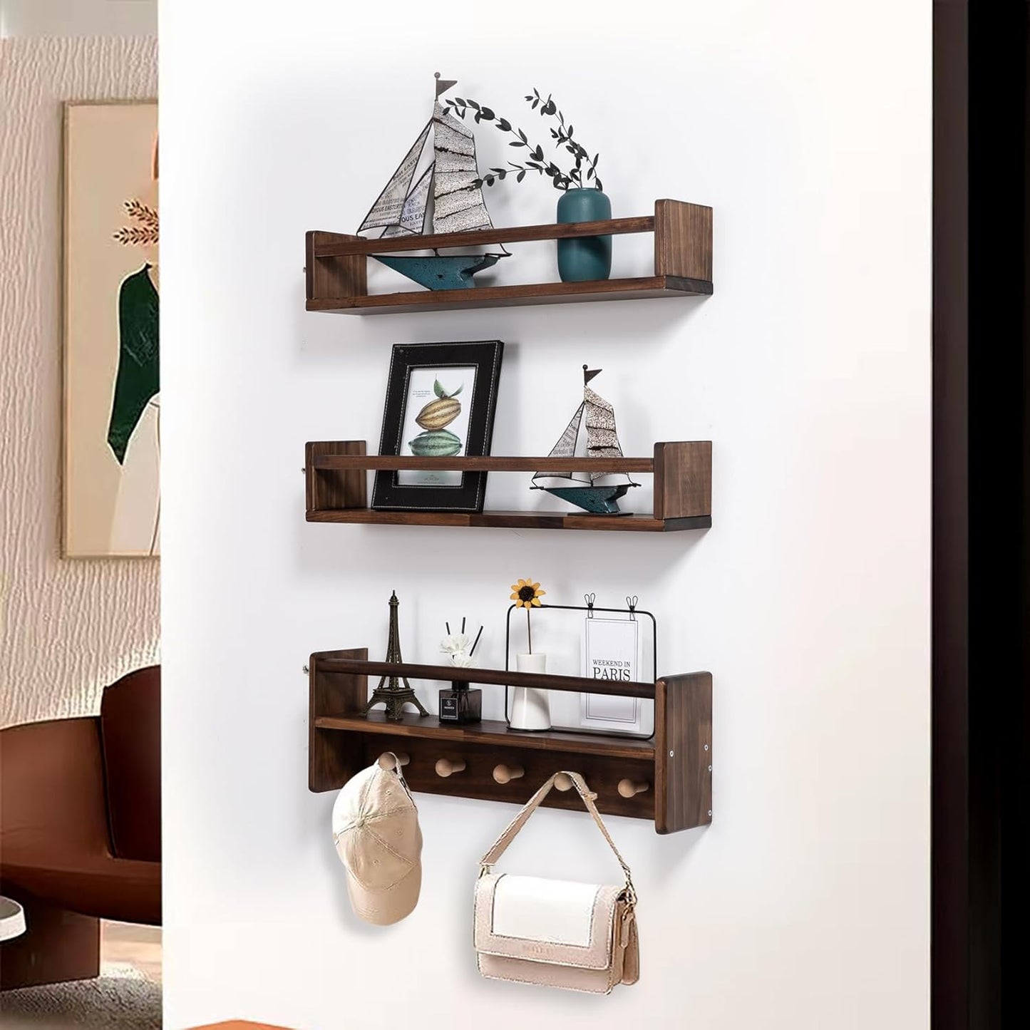 16 Inch Set 3 AZSKY Nursery Book Shelves Wall Floating Bookshelf with Hook Deep Walnut Hanging Book Shelf Toddler Room