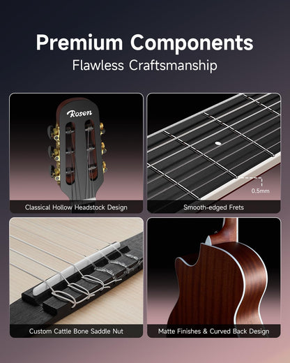 Rosen V1 Hybrid Acoustic Guitar for Beginners Adults Patented Body with Solid Spruce Top & Soft Touch Strings Thin Neck & Open Pore Matte 38 Inch,Black