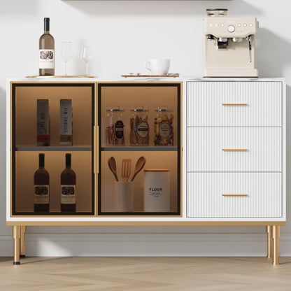 GAOMON Buffet Sideboard Cabinet with Storage, 46.4" Large Fluted Kitchen Sideboard Cabinet with 2 Glass Doors 3 Drawers and Shelves, Faux Marble Top Buffet Table for Dining Room, Living Room, White