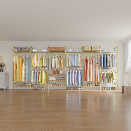 Timate F6 Wall Mounted Clothes Rack - Expandable Industrial Pipe Closet System, Heavy Duty Hanging Garment Rack, Closet Organizer & Storage Solution for Wardrobe, Bedroom,Walk-in Closets,Gold