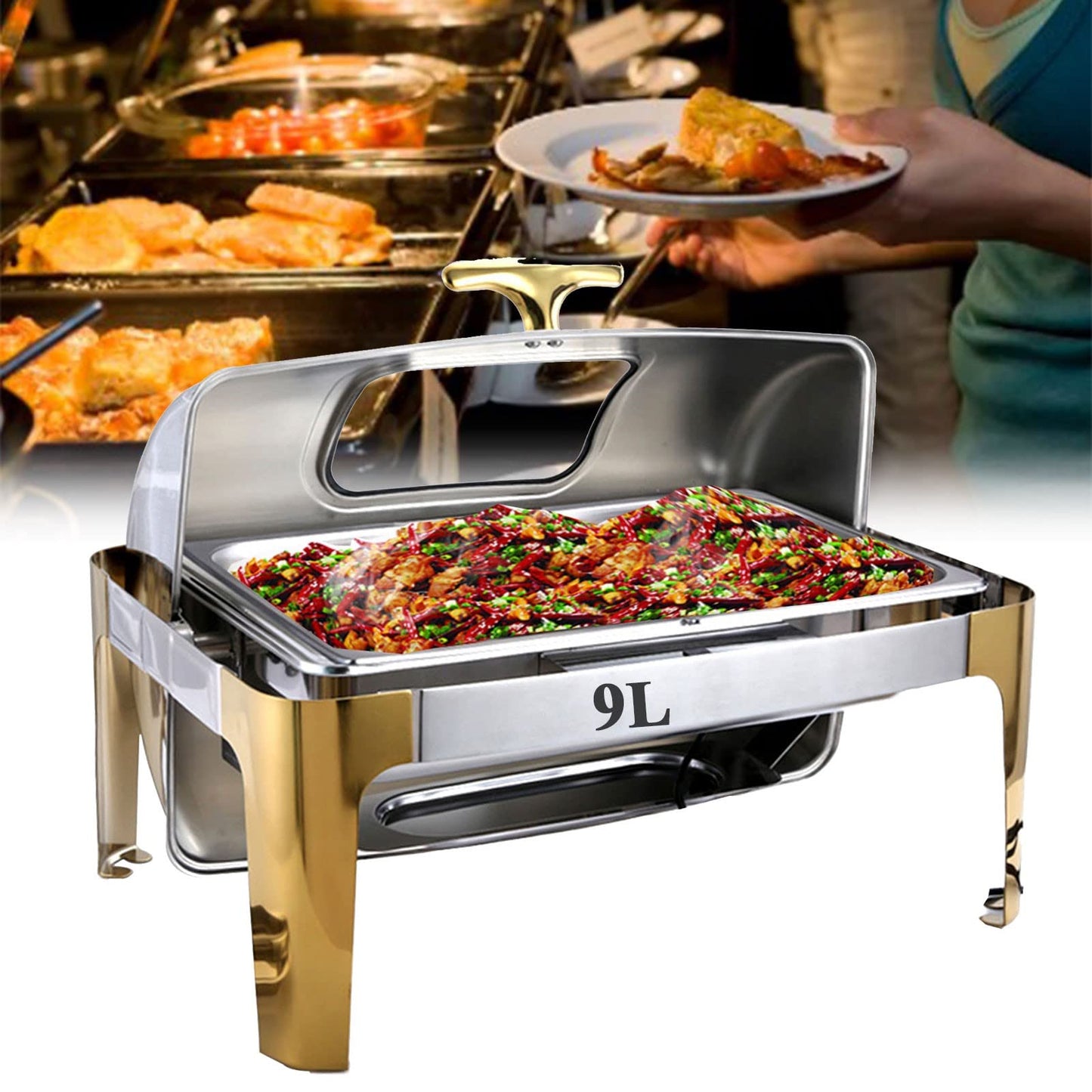 QUGURLID Electric Chafing Dish Buffet Warmers with Rolling Top - Food Warmers Buffet Server with Glass Lids, Catering Chafer Warmers for Parties and Family (Full Pan 9L)