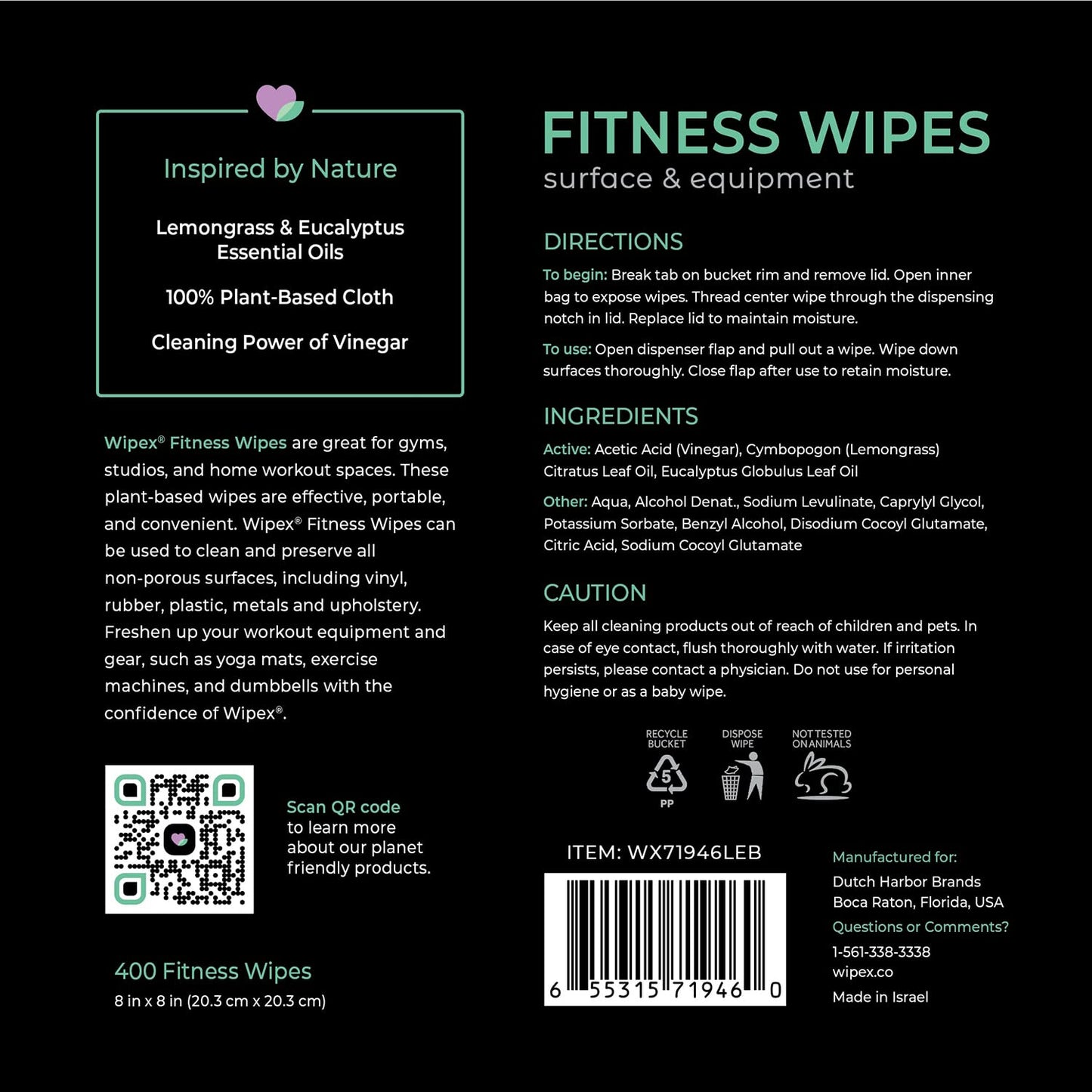 Wipex Yoga Mat Cleaner Wipes - Plant-Based Lemongrass, Eucalyptus & Vinegar Wipes for Gym & Fitness Equipment & All Purpose Gym Cleaning - Safe for Peloton Bikes & Treadmills - 400 Count