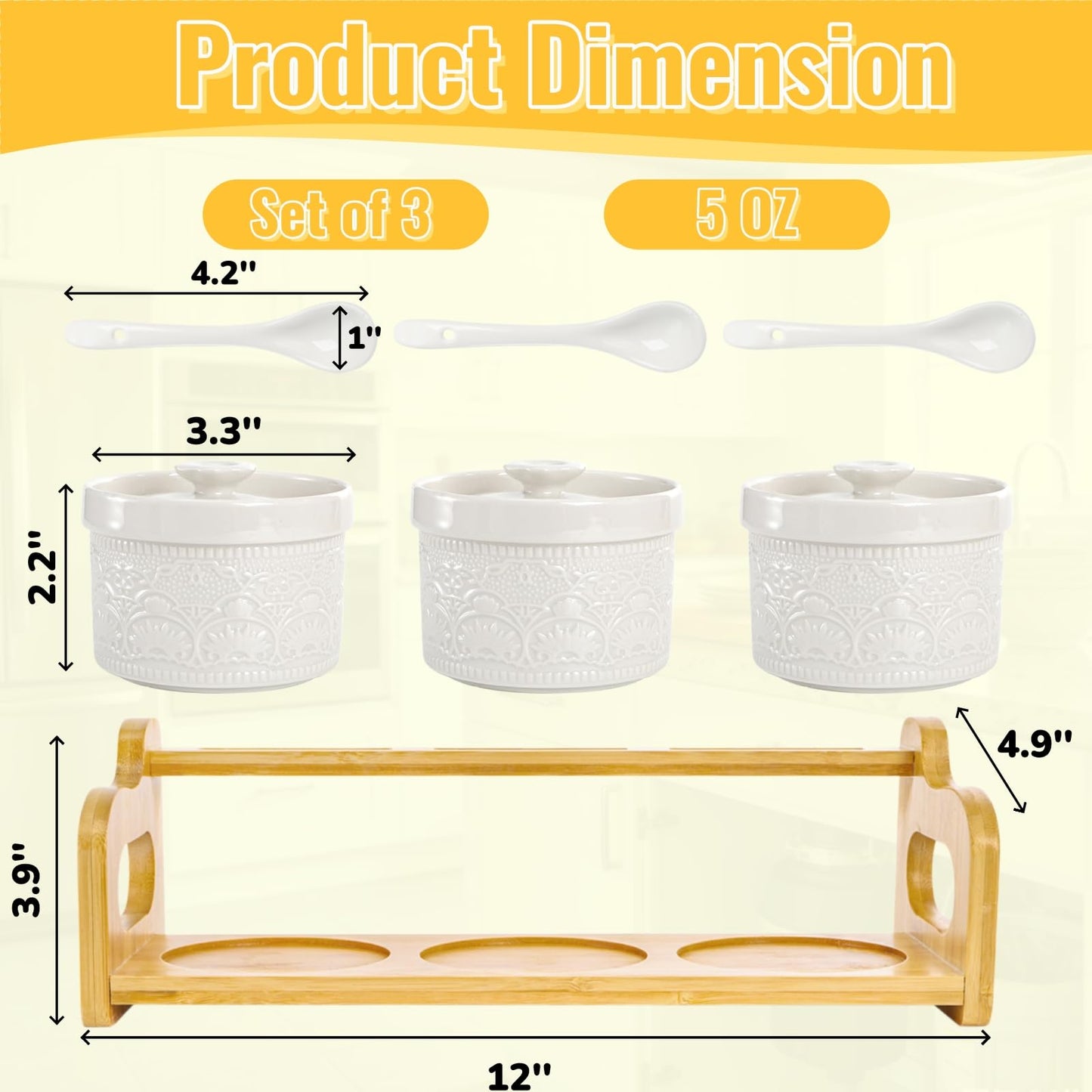 Acshio 10 Pack Sauce Serving Dish, 5 Oz Ceramic Chip Dip Sauce Bowls with Spoons Lids for Party, 3 Condiment Seasoning Jars with Bamboo Tray for Snacks, Appetizers, Sauces